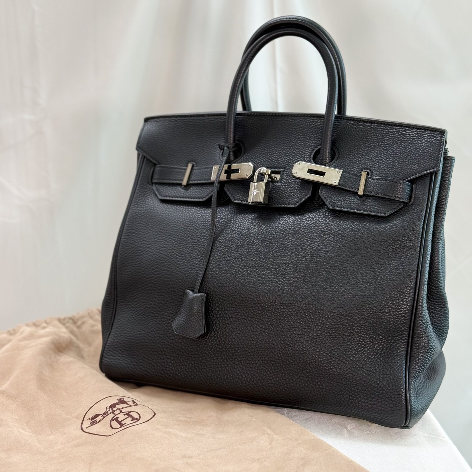 HERMÈS Birkin Noir — Grained Leather, Palladium Hardware