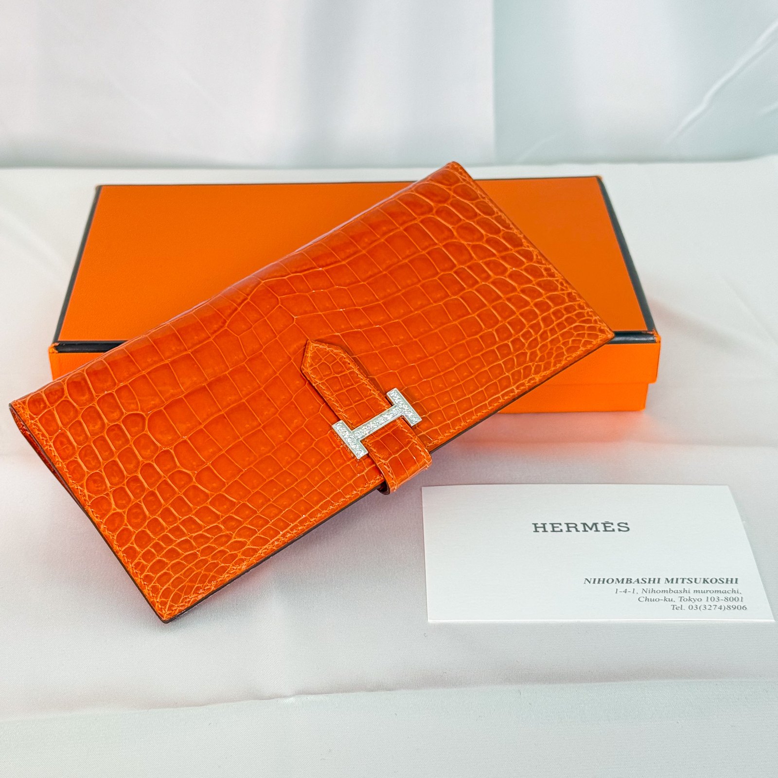 HERMÈS Béarn Wallet — Orange Crocodile, Diamond H Hardware